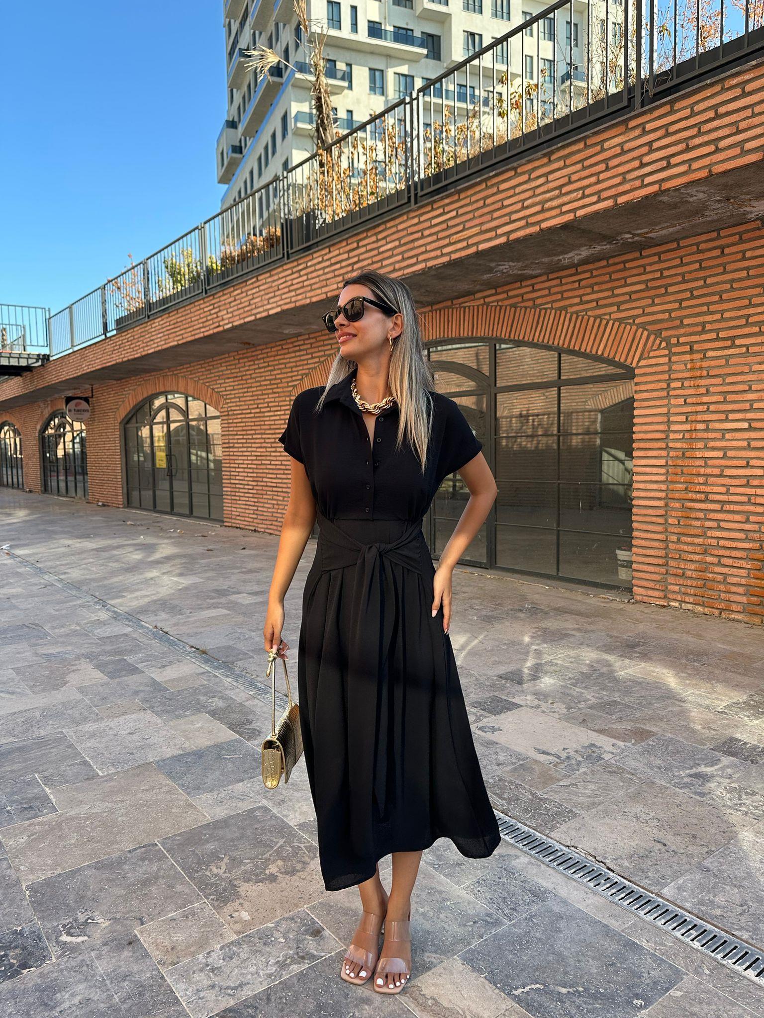 Orjinal Marka Bağlamalı Gömlek Elbise Siyah 070621141