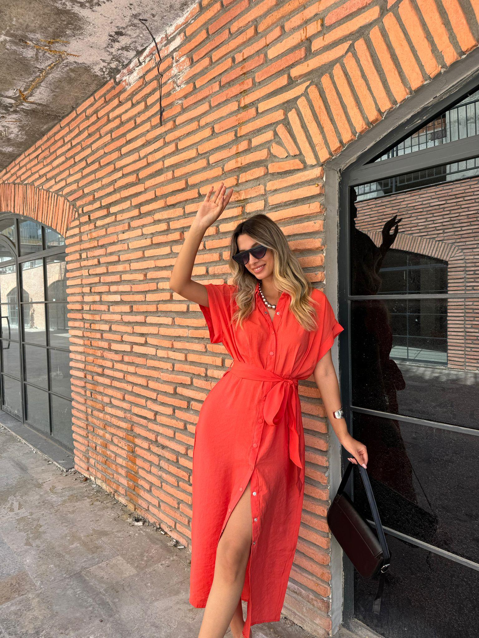 Orjinal Marka Turuncu Midi Kuşaklı Elbise  070621108