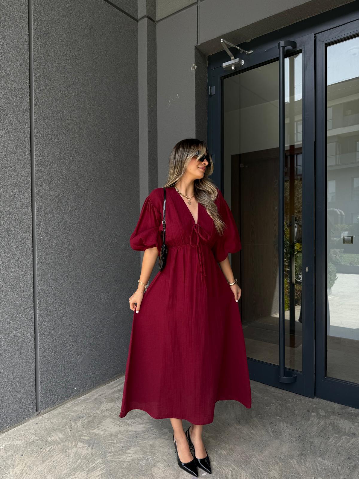 Özel Üretim Müslin Kumaş Göğüs Bağcıklı Elbise Bordoyelb3021ent