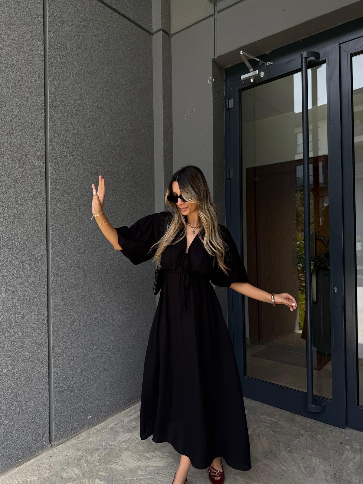 Özel Üretim Müslin Kumaş Göğüs Bağcıklı Elbise Siyahyelb3021ent