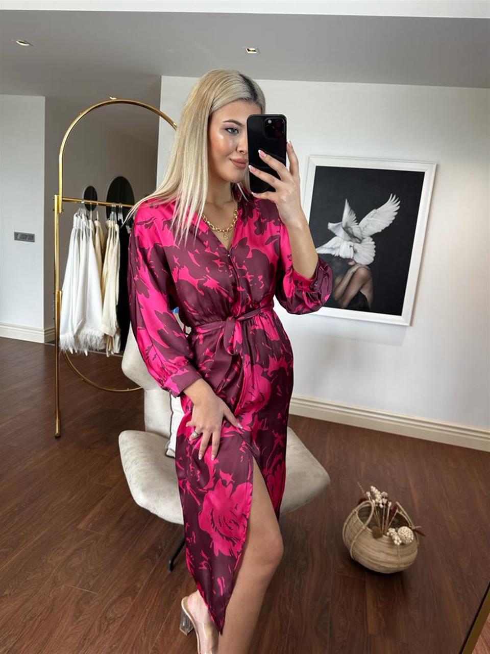 Paris kemerli saten elbise pembe 2404155