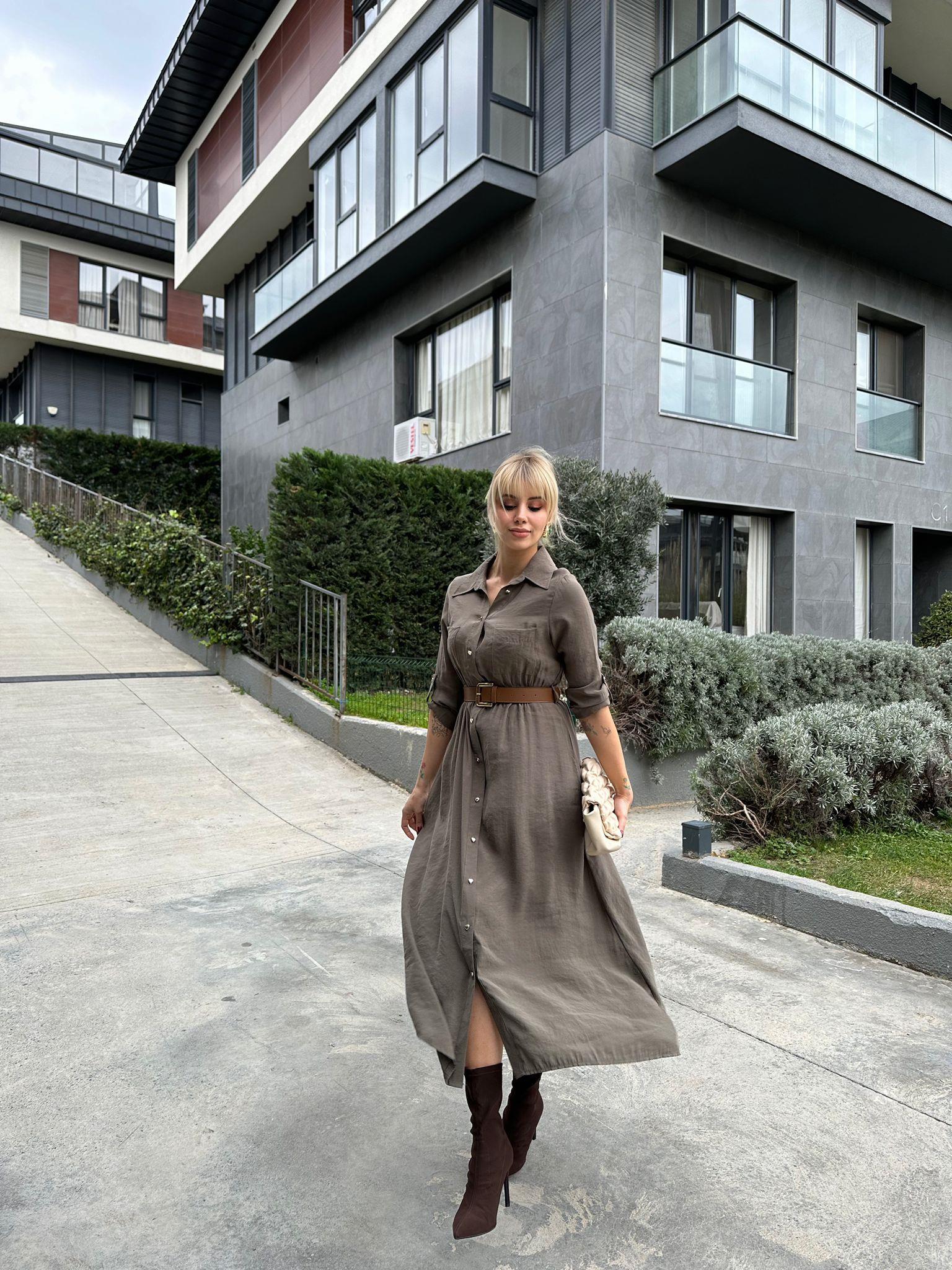 Pierra Modal Kemerli Elbise Hâki 17074537