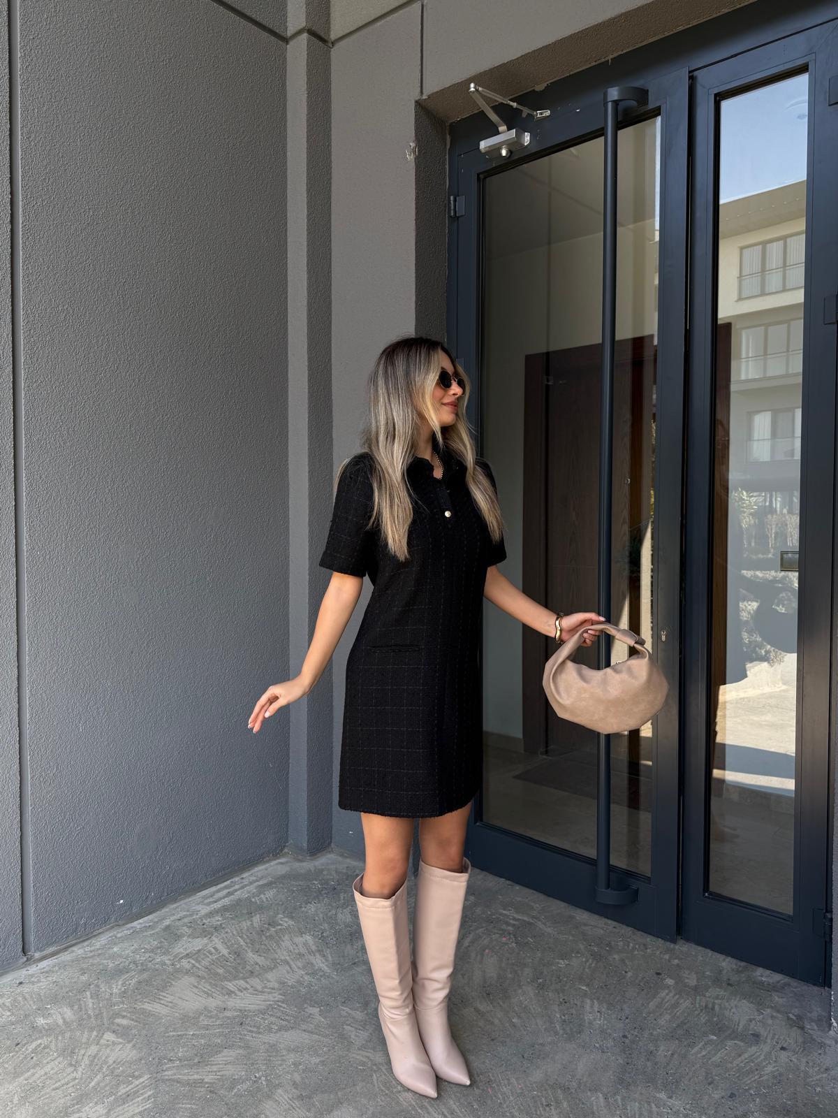 Polo Yaka Düğmeli Tüvit Elbise Siyah kelb2142swmn