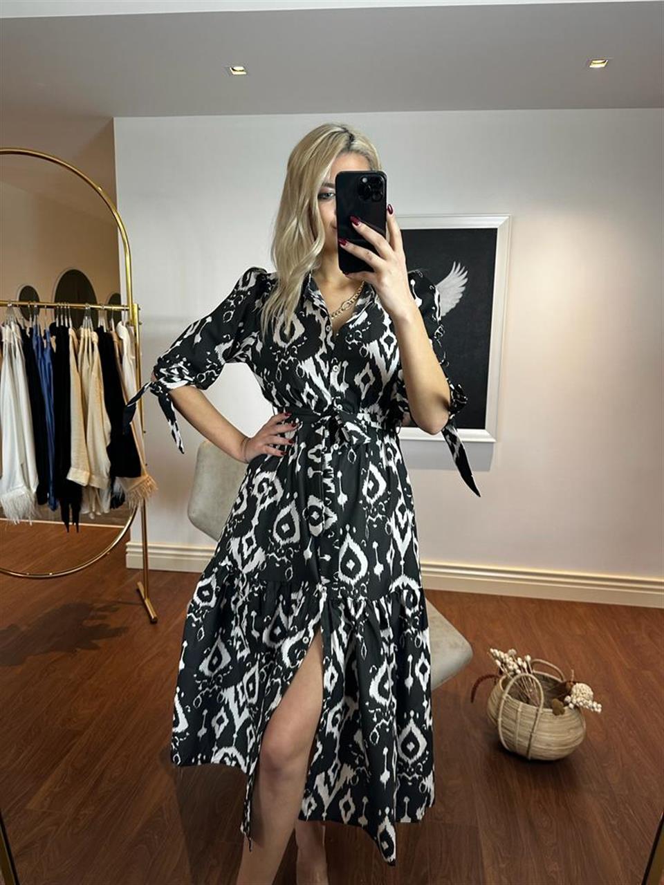 Ponia Etnik Desen Poplin Elbise Siyah 1304129