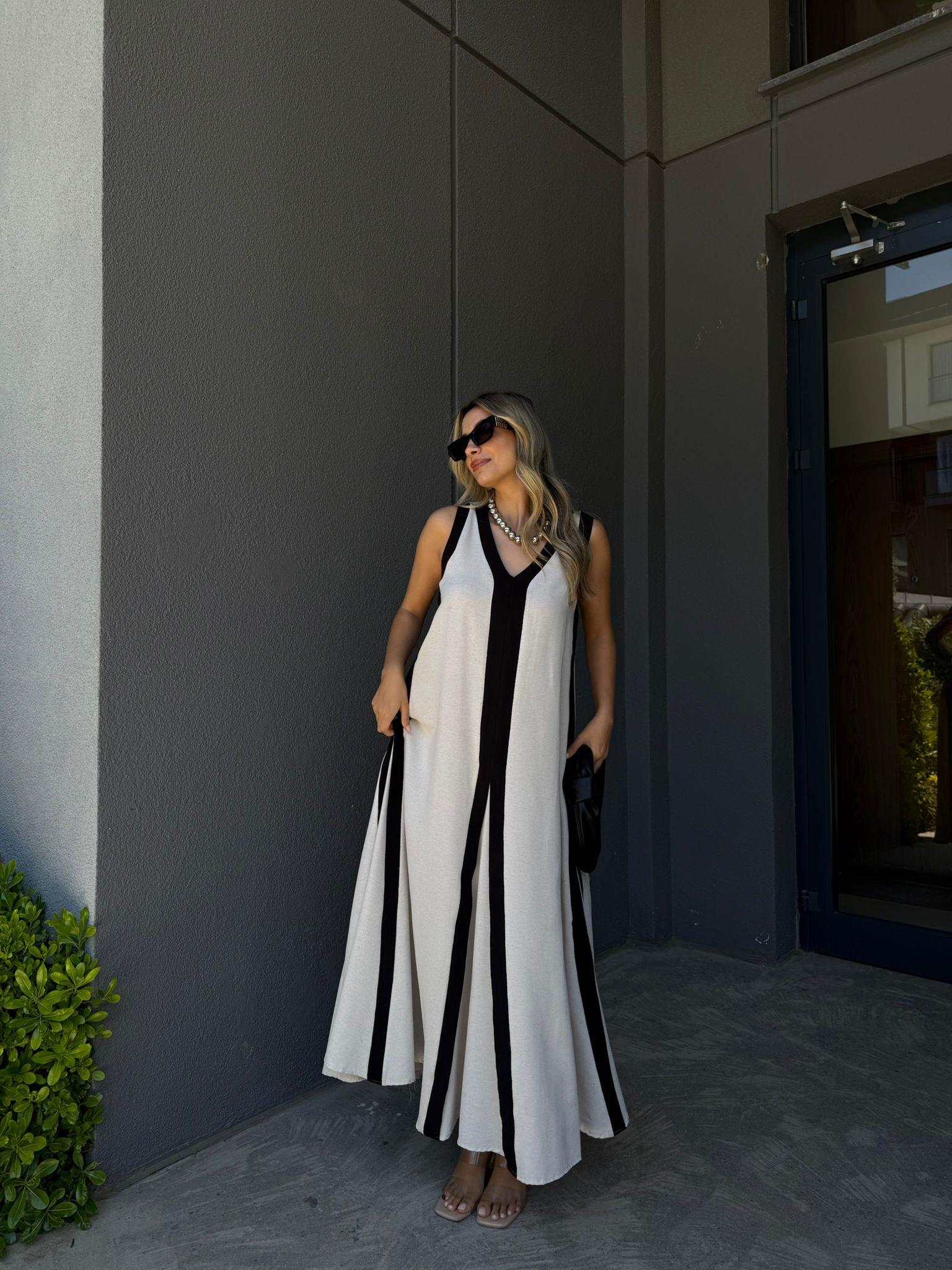 Premium Tasarım Kontrast Biyeli Keten Elbiseyelb2060msb