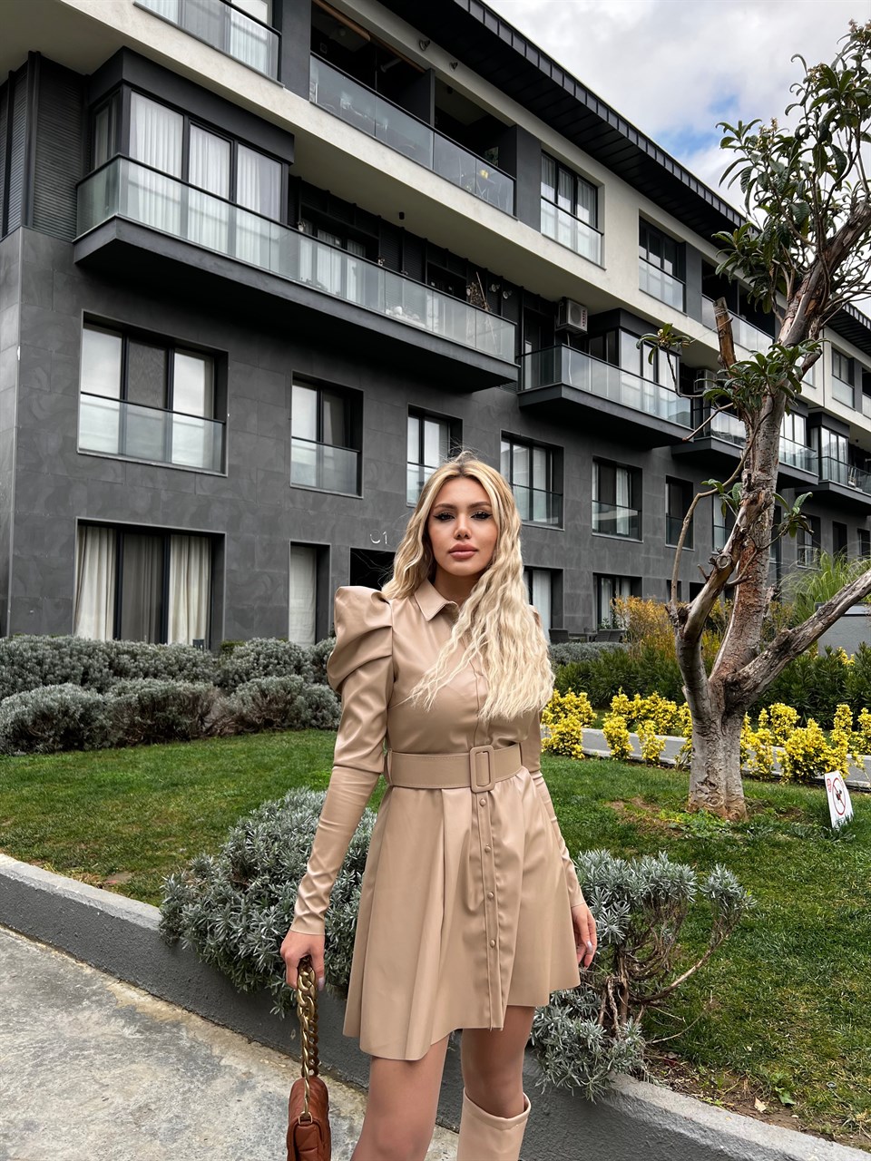 Prenses Kol Kemerli Vizon Deri Elbise 2241