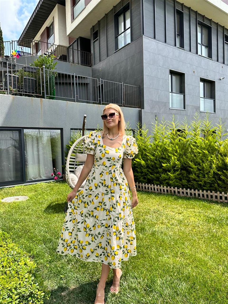 Prenses Kol Limon Desen Poplin Elbise 1506286