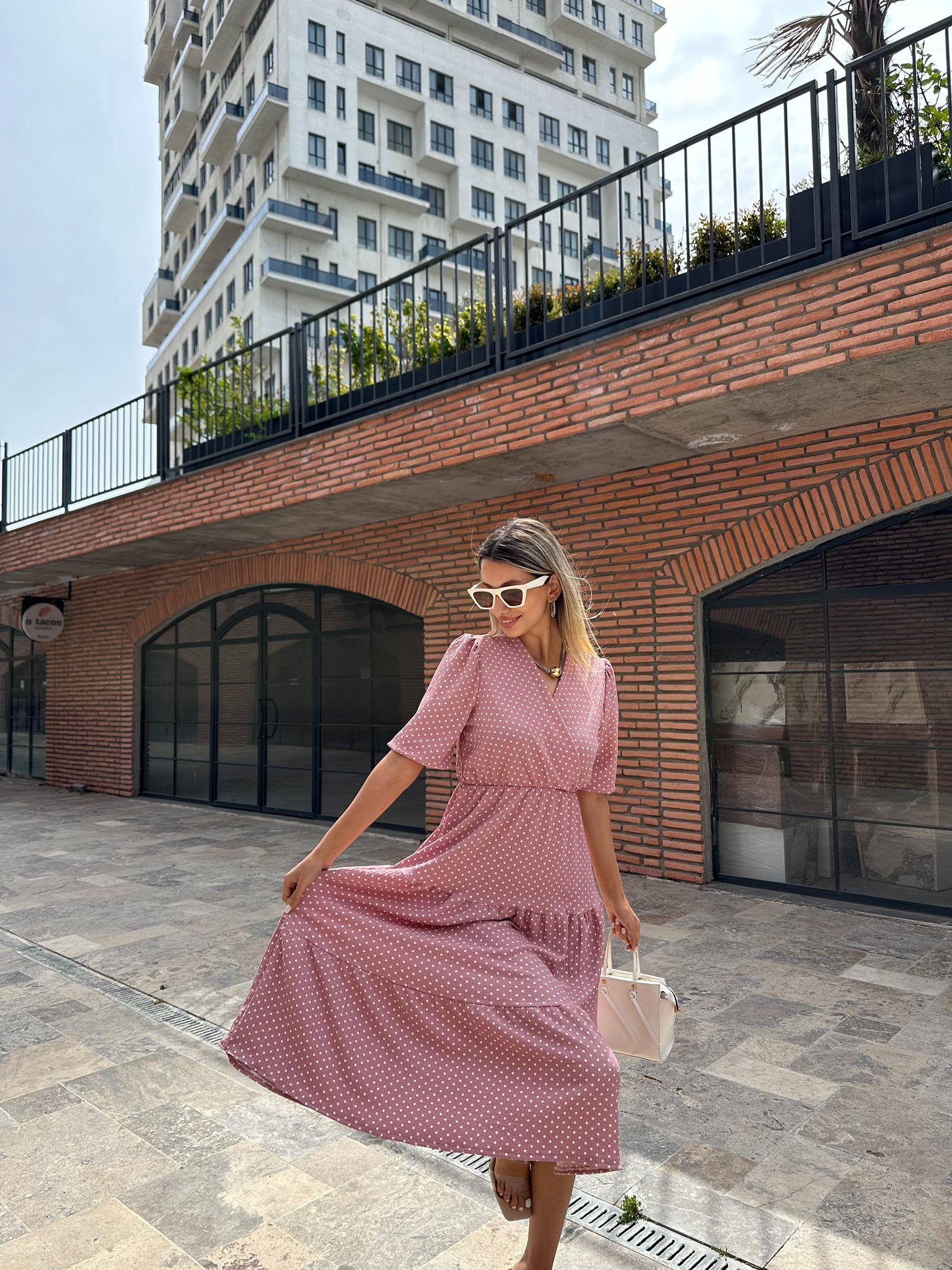 Puantiyeli Blepss Bel Lastikli Elbise Pudra 07062117