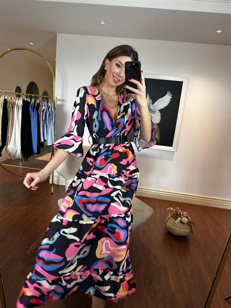 Renkli Desenli Poplin Elbise 230277