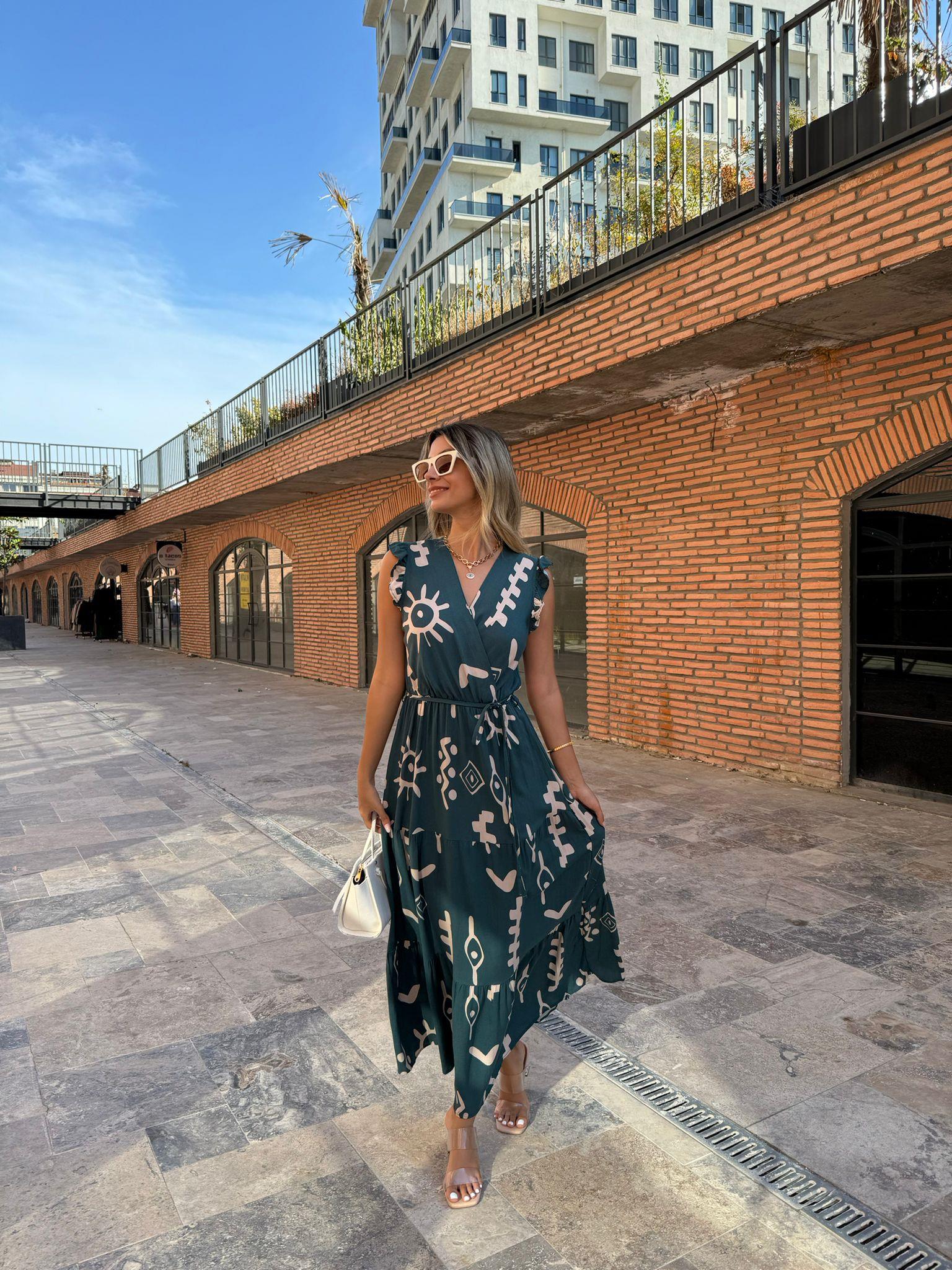 Rolda Göz Güneş Desenli Kol Fırfırlı Viskon Elbise Yeşil 070621117