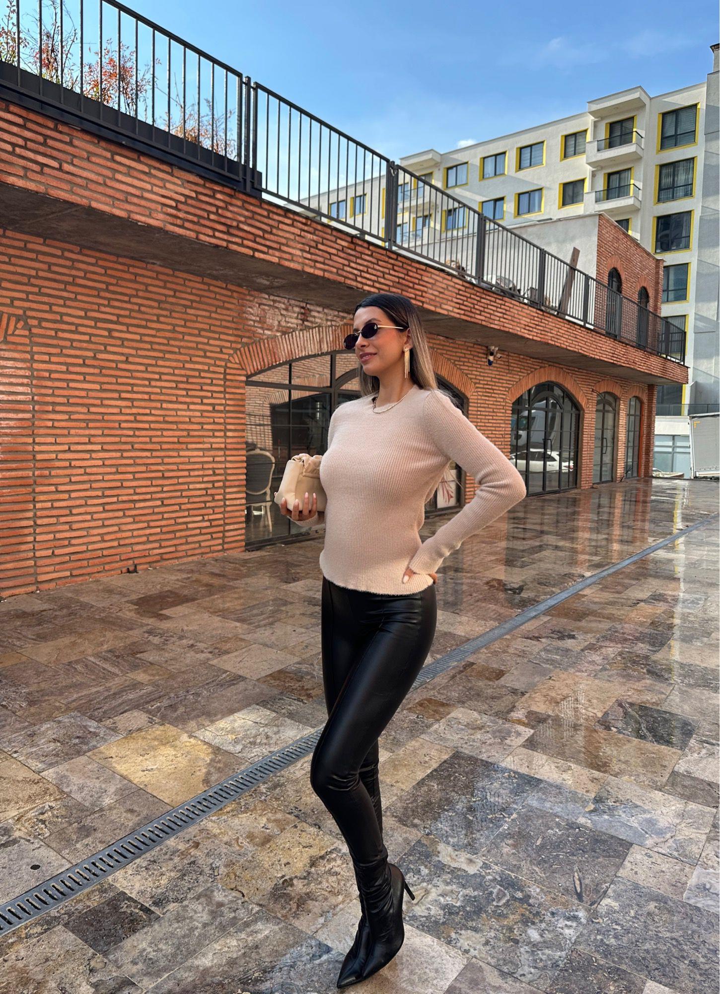 Şardonlu Yüksek Bel Çımalı Siyah Deri Tayt tayt1011