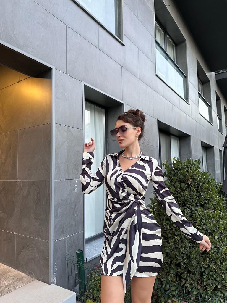 Saten Zebra Desen Anvelop Mini Elbise 1707445