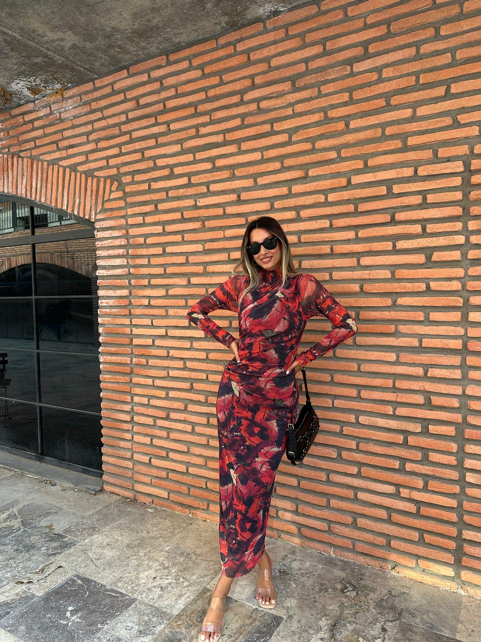 Selisa Kırmızı Desenli Tül Elbise  070621196