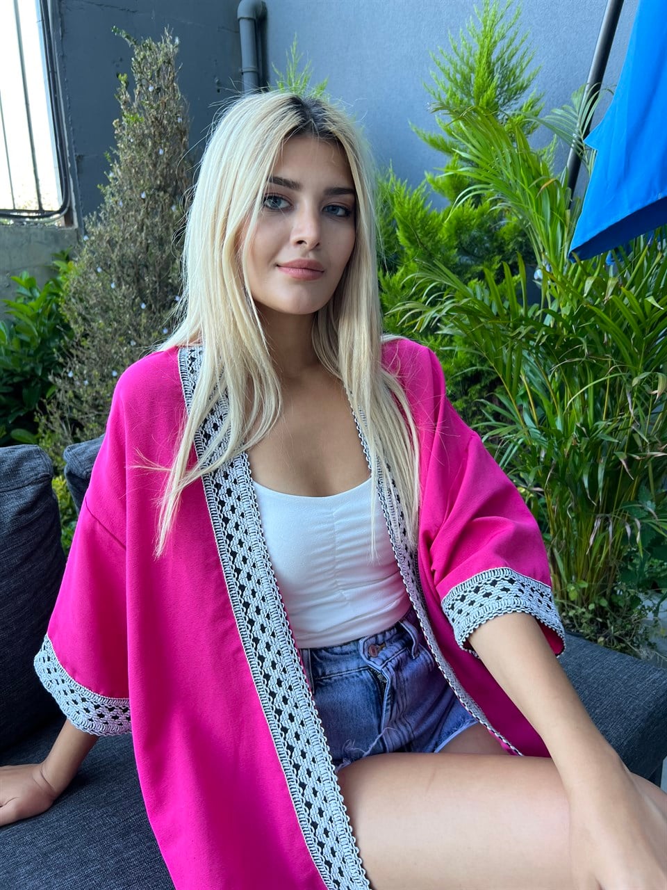 Şeritli Keten Fuşya Kimono