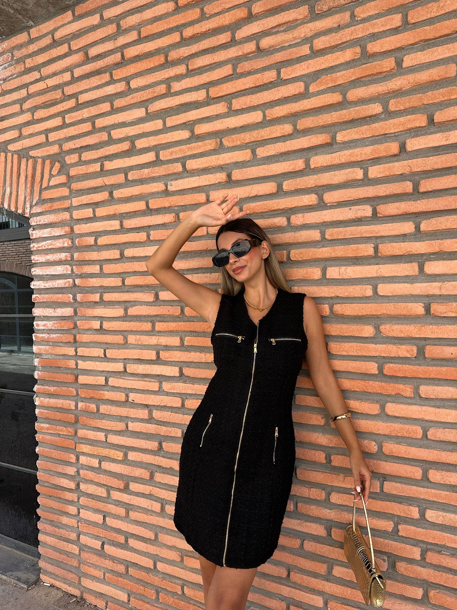 Sıfır Kol Boydan Fermuarlı Tüvit Elbise Siyah 070621207