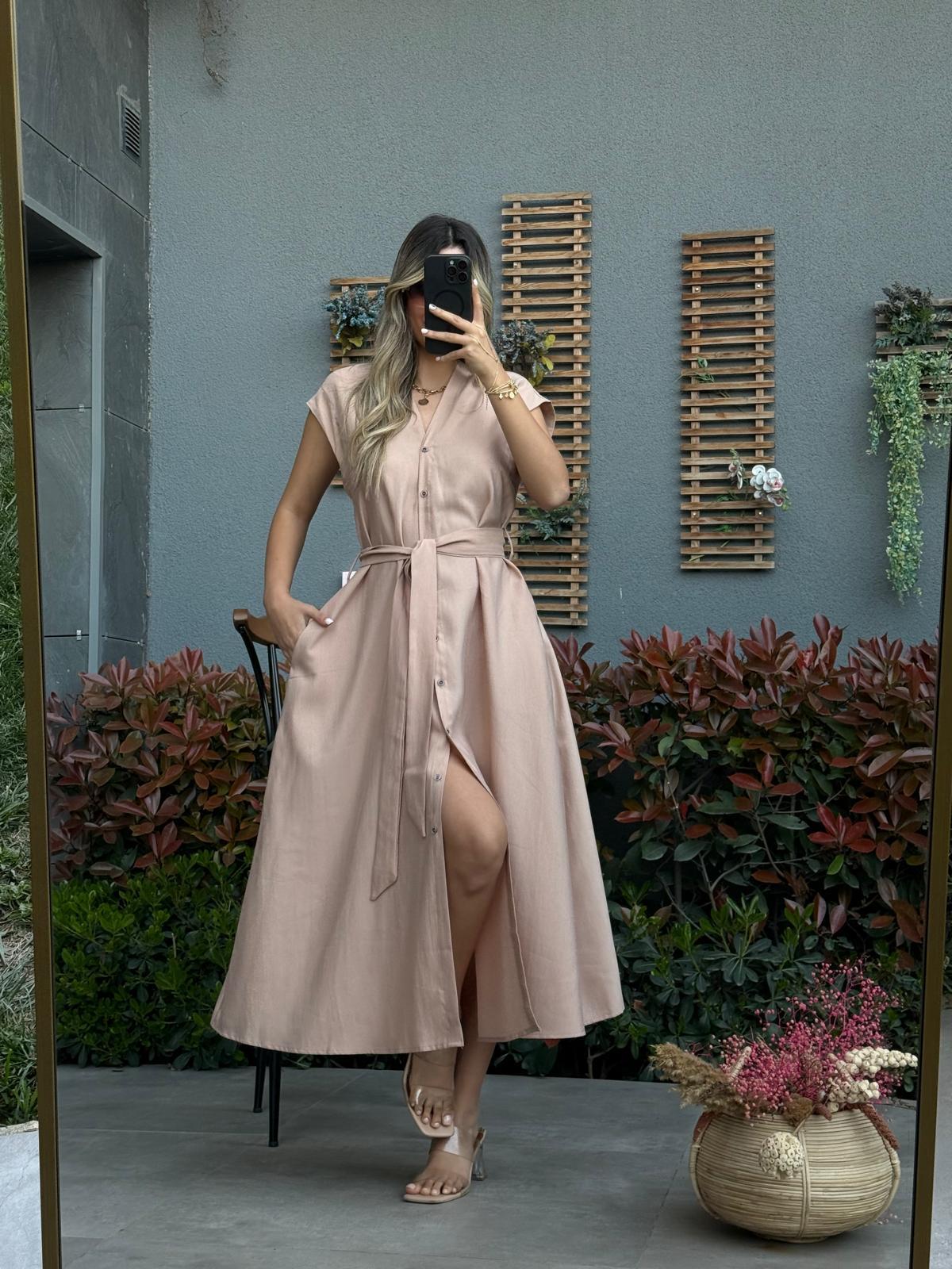 Sıfır Yaka Boydan Düğmeli Tensel Elbise Kremyelb3017inblu