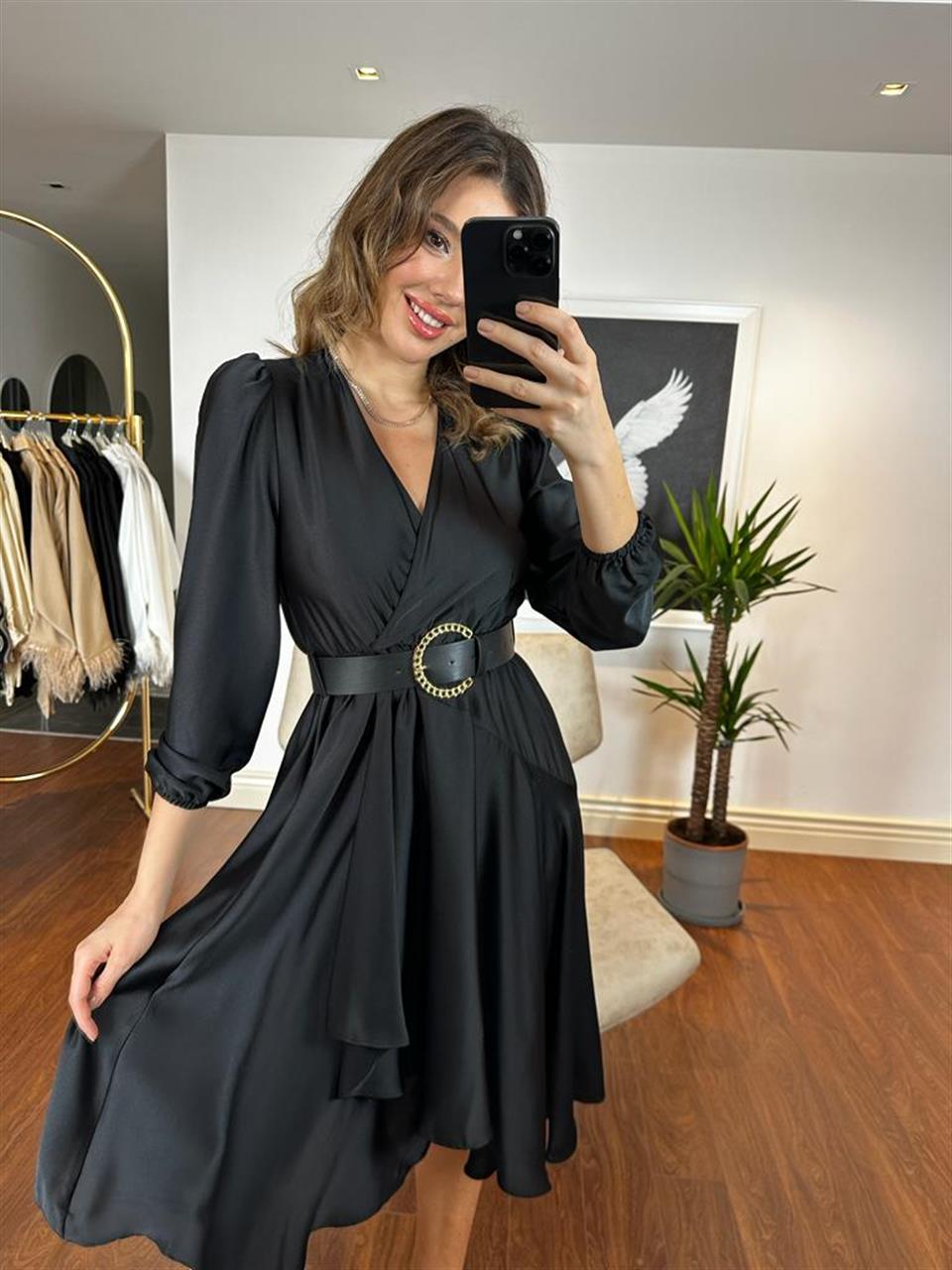 Siyah Asimetrik Saten Kemerli Elbise 230236