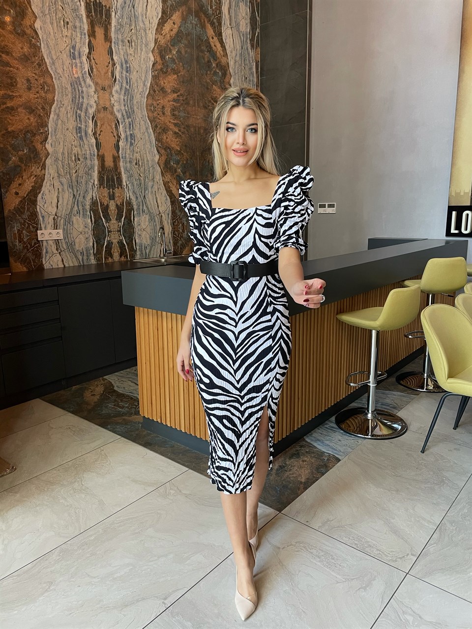Siyah Beyaz Kemerli Zebra Elbise