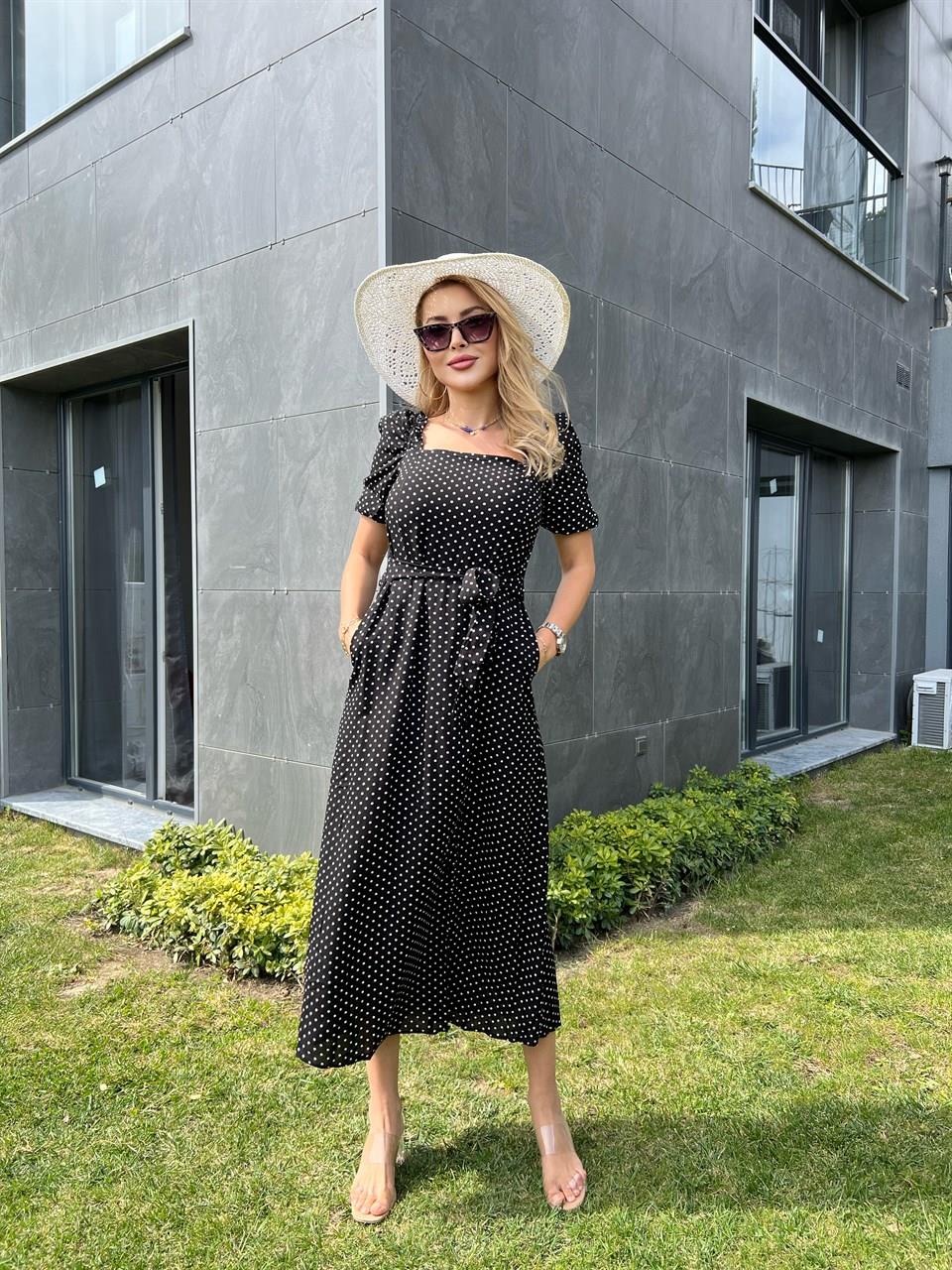 Siyah Beyaz Puantiyeli Viskon Elbise