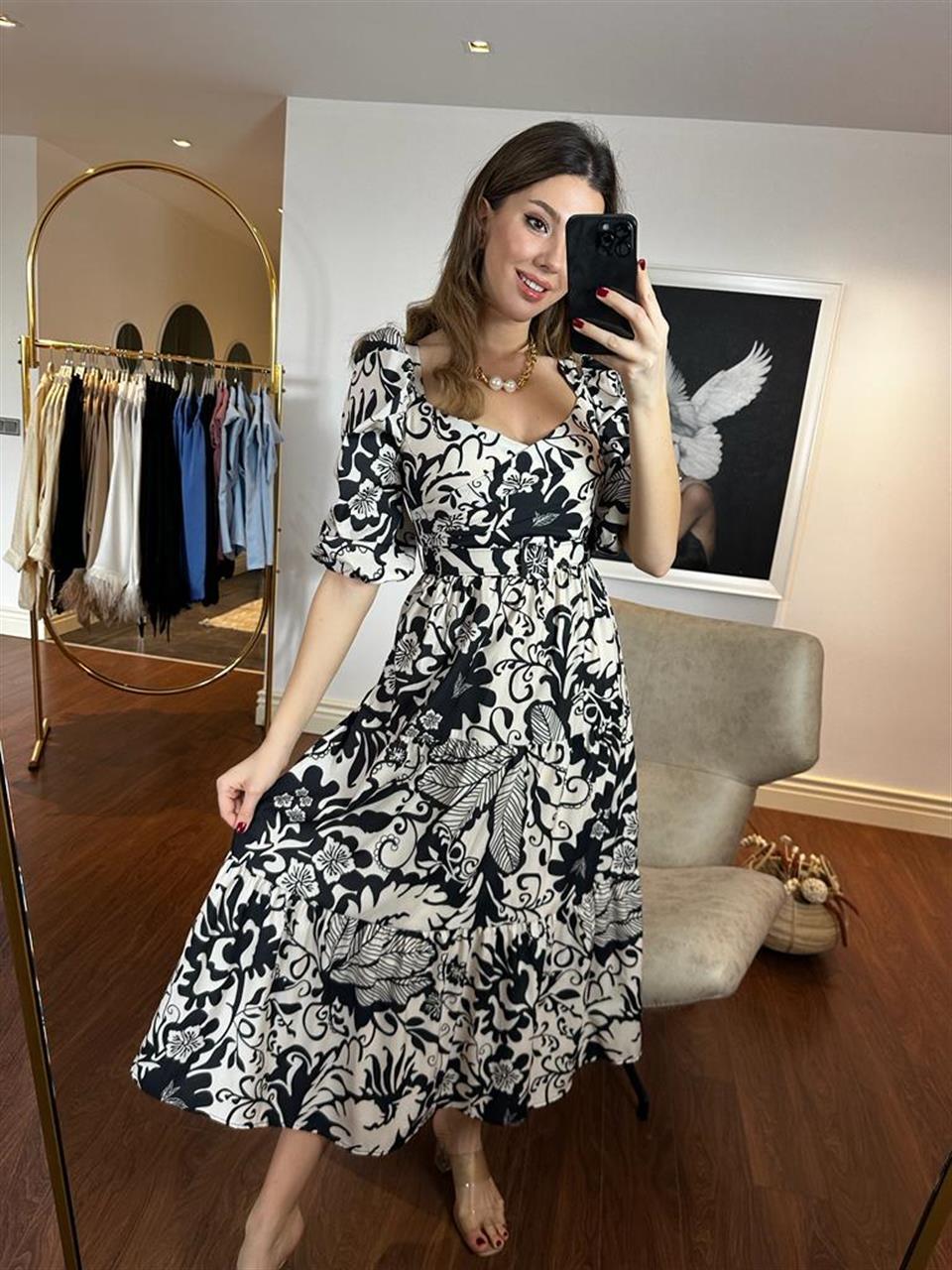 Siyah-Krem Göğüs Volume Karpuz Kol Desenli Elbise 230276