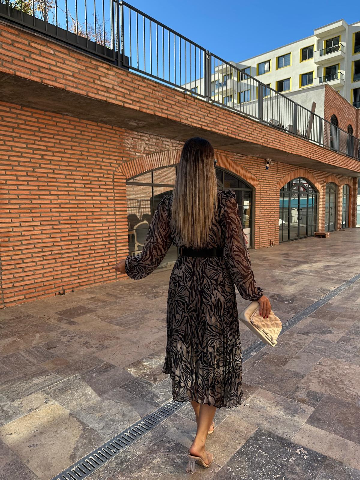 Siyah Mermer Desen Kemerli Şifon Elbise elb1054grs