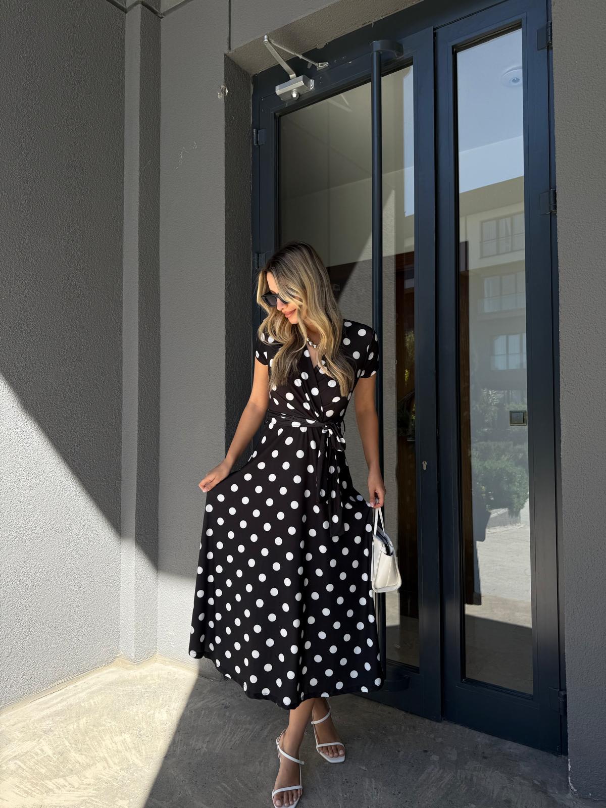 Siyah Puantiyeli Sandy Kumaş Beyaz Elbiseyelb2054bkt