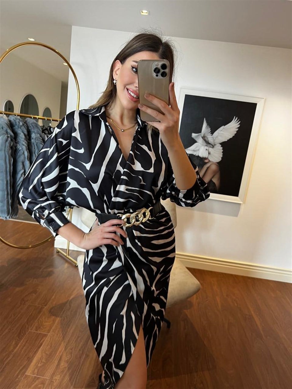 Siyah Zebra Desen Bel Lastik Elbise 230210