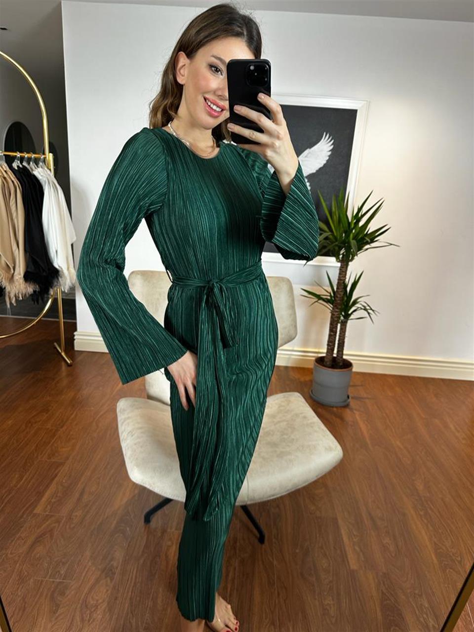 Talya Kuşaklı Piliseli Yeşil Elbise 230243