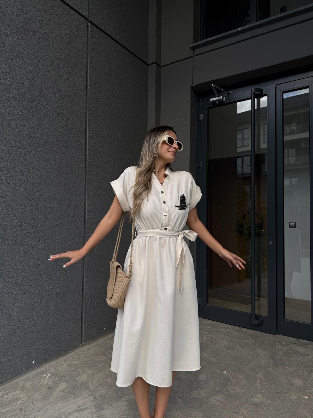 Taş Beli Lastikli Kuş Nakışlı Elbiseyelb1021egz