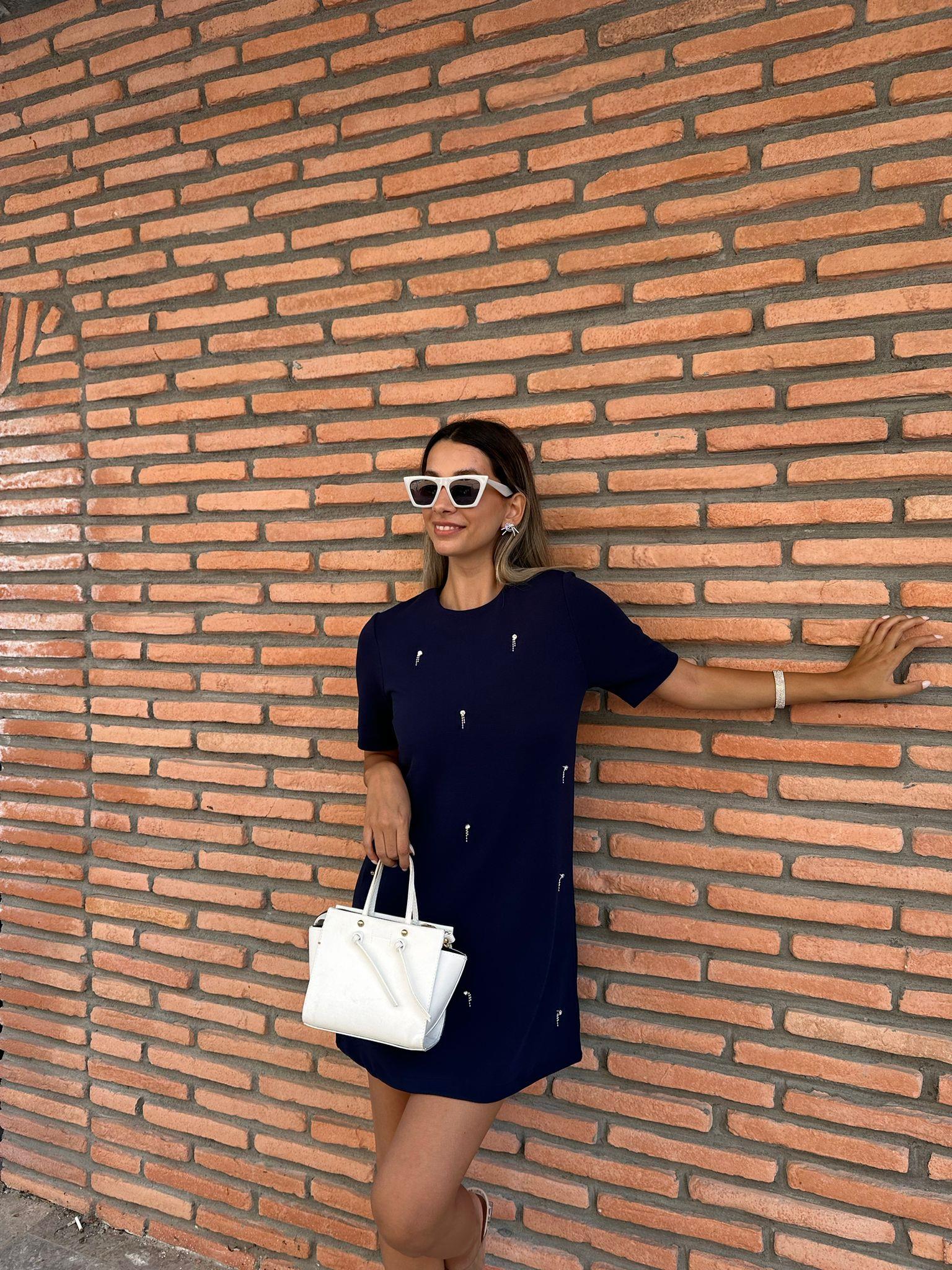 Taş İşlemeli Lacivert Süet Elbise 1707565