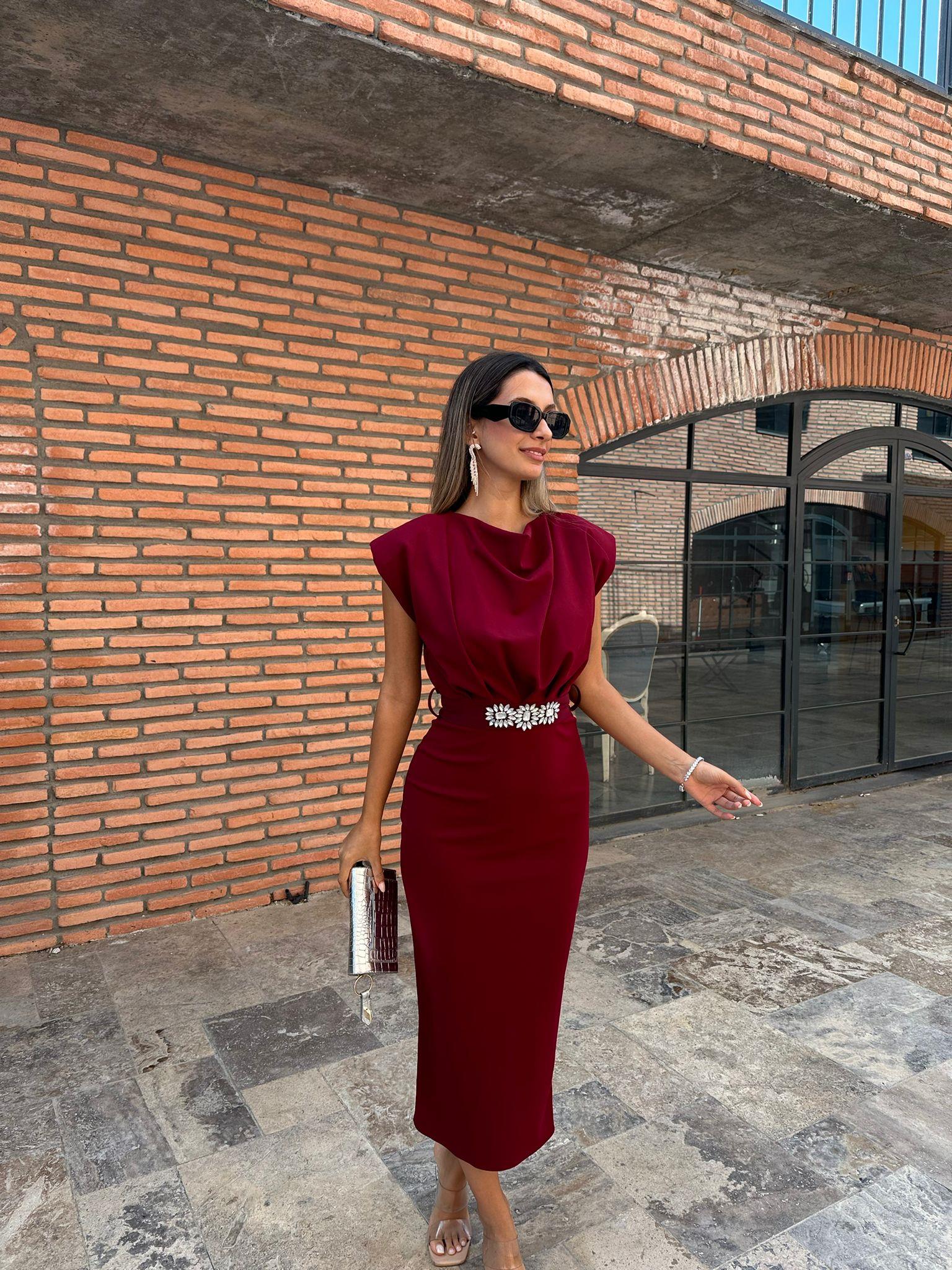 Taşlı Çiçek Kuşaklı Bordo Crep Elbise 070621223