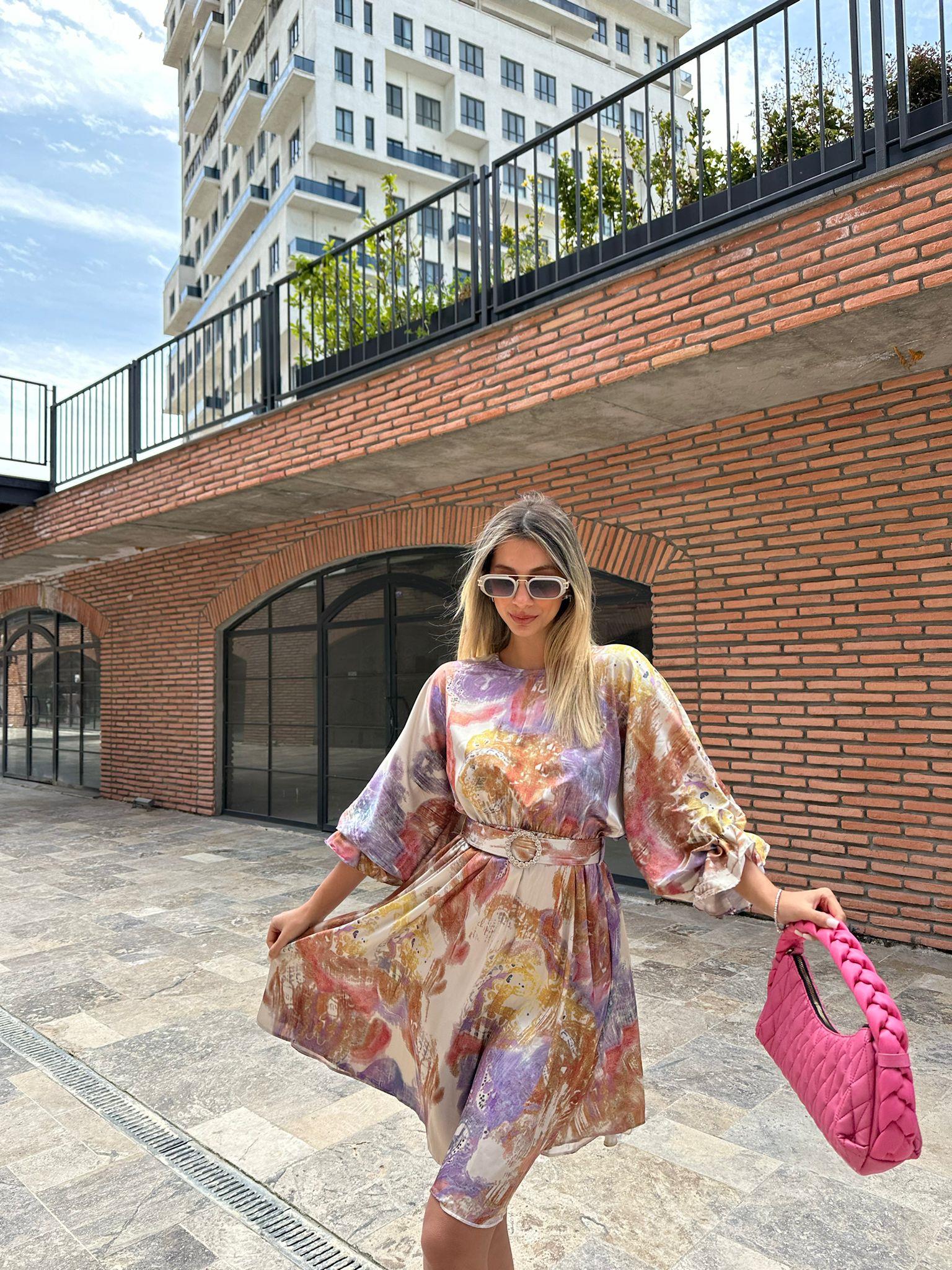 Taşlı Kemerli Saten Vool Elbise 07062113