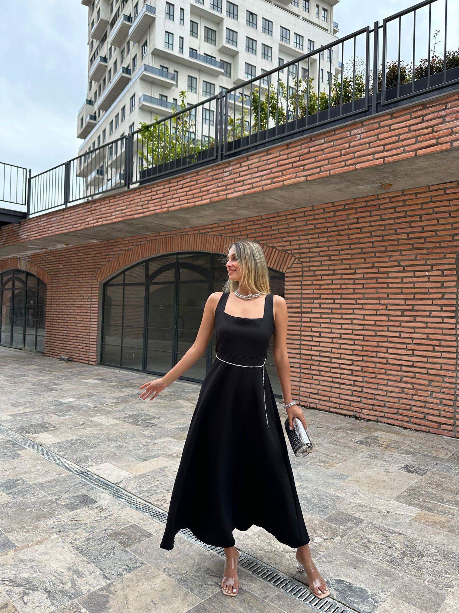 Taşlı Kemerli Siyah Princess Elbise 07062109