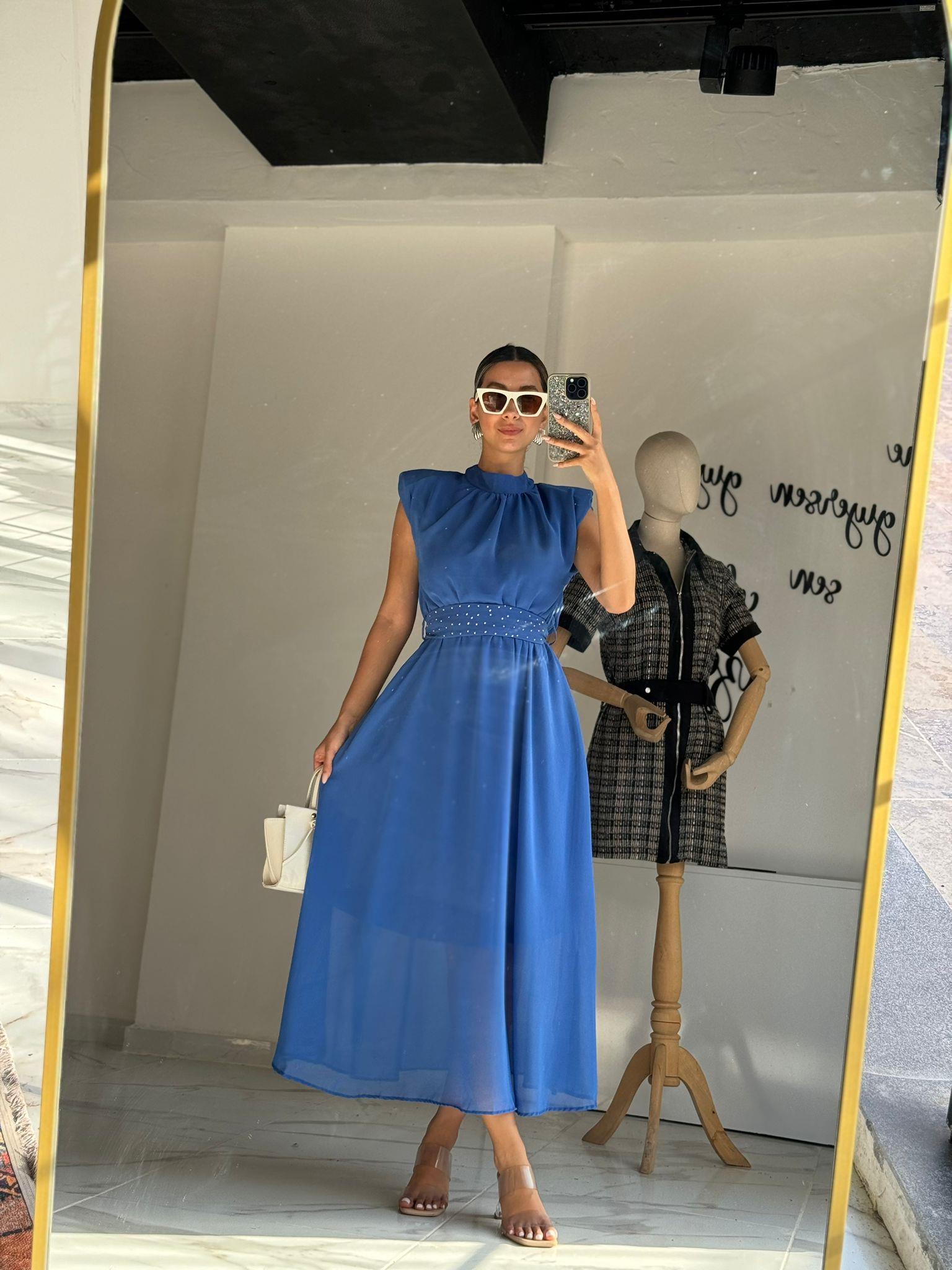 Taşlı Kuşaklı Saks Mavisi Astarlı Şifon Elbise 070621126