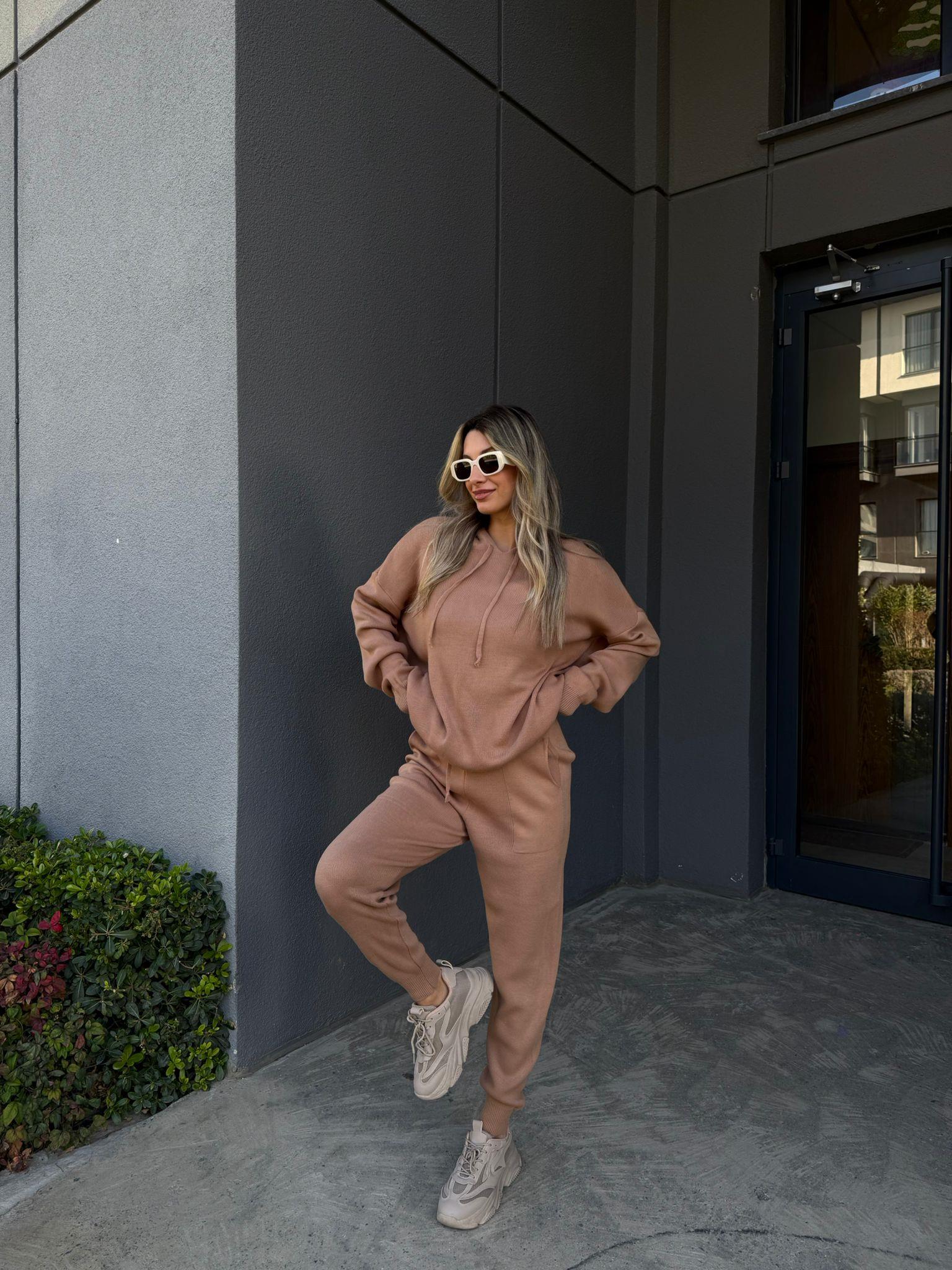 Tella Camel Kapüşonlu Triko Takım ttkm2120sb