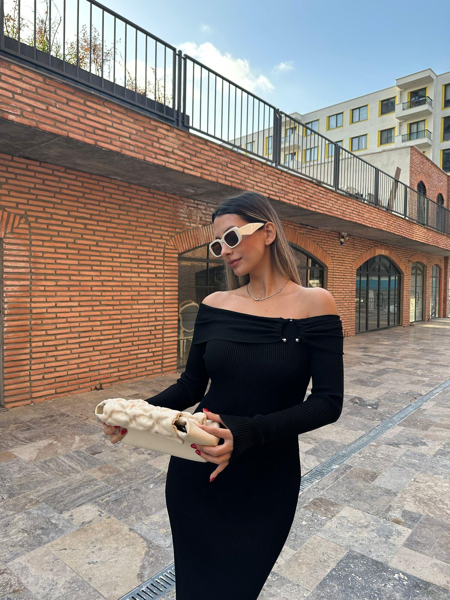 Trella Halka Aksesuarlı Fitilli Kalem Elbise Siyah kelb1048ny