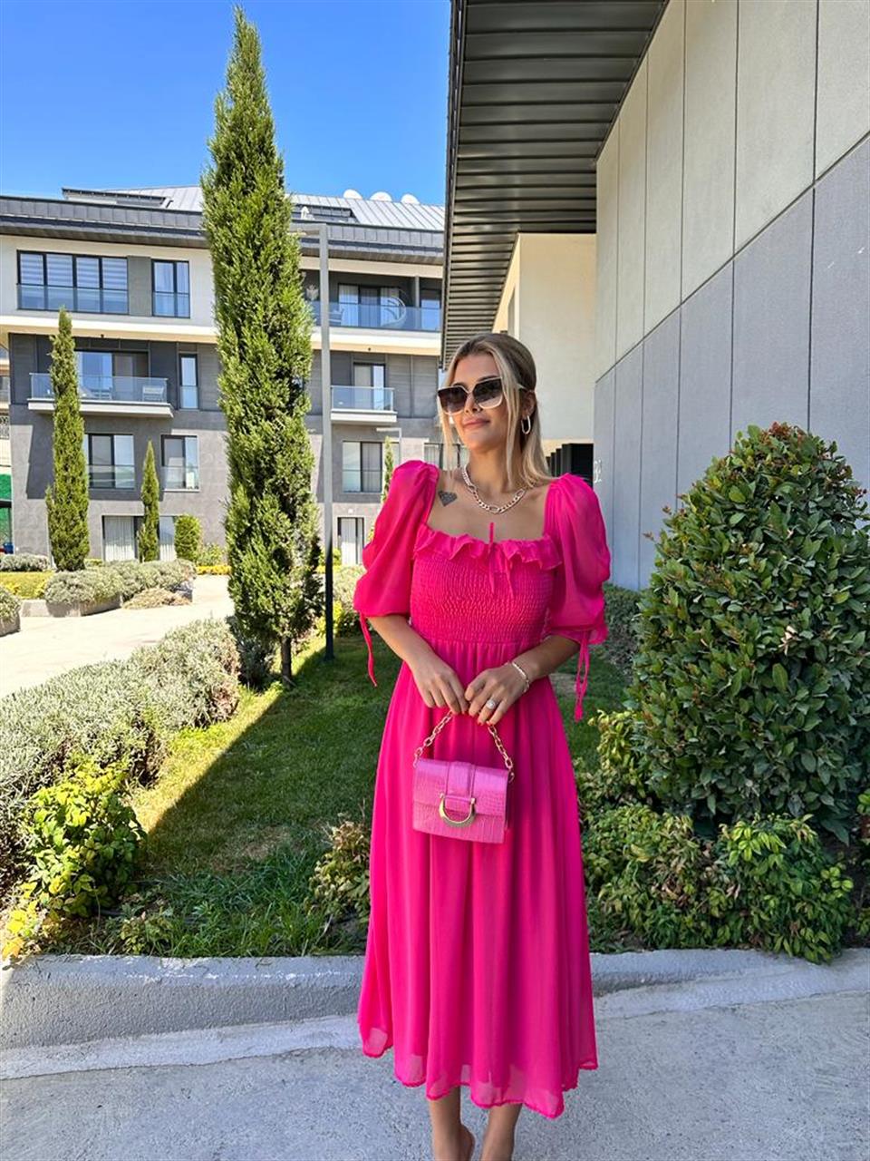 Valentina Prenses Kol Şifon Elbise Fuşya 0707300