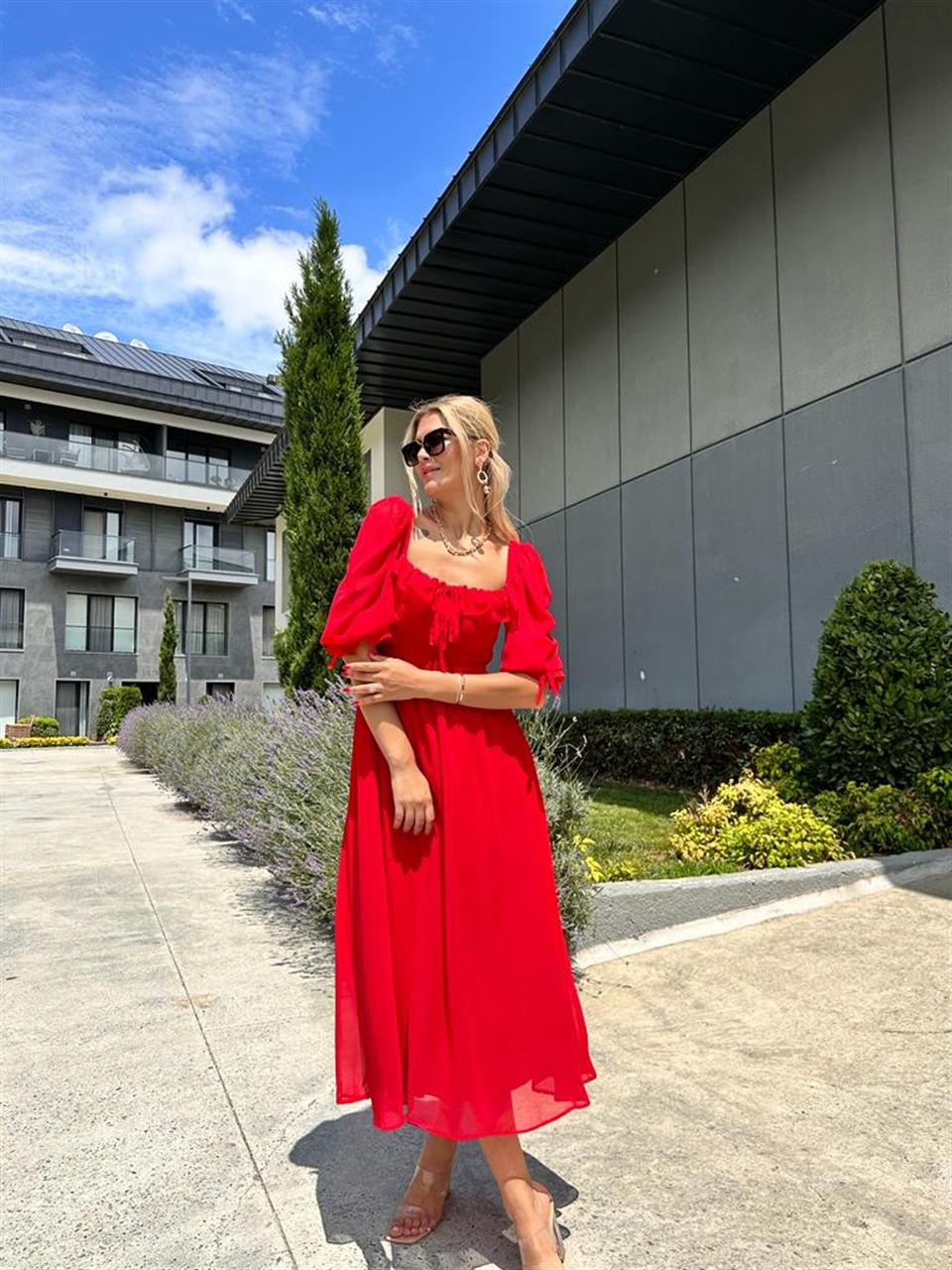 Valentina Prenses Kol Şifon Elbise Kırmızı 0707300