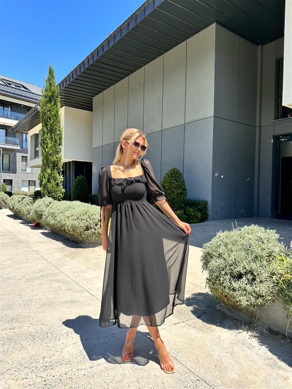Valentina Prenses Kol Şifon Elbise Siyah 0707300