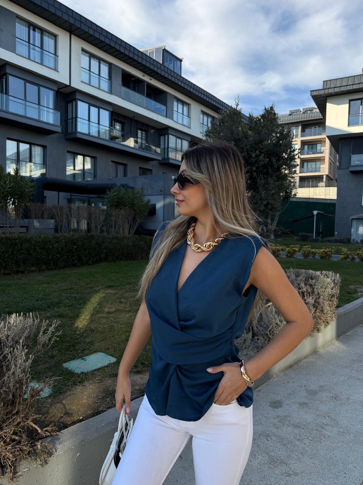 Vatkalı Sıfır Kol Tensel Bluz İndigo blz2212swmn