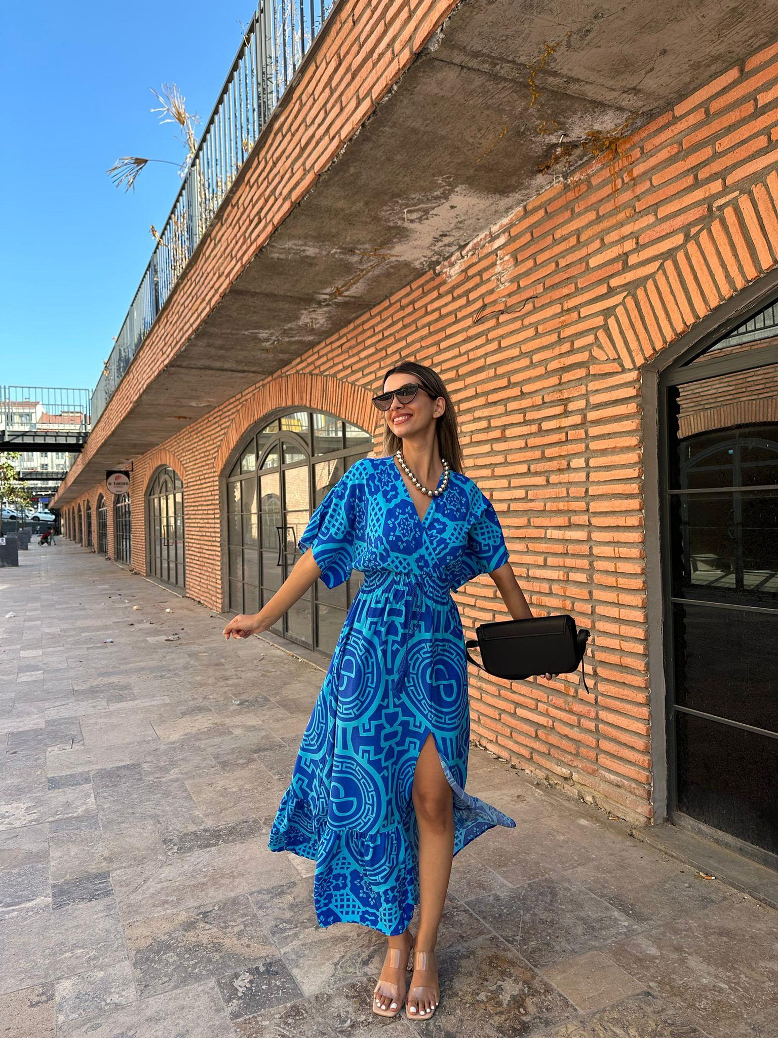 Verty Desen Bağcıklı Elbise Saks Mavisi 070621138