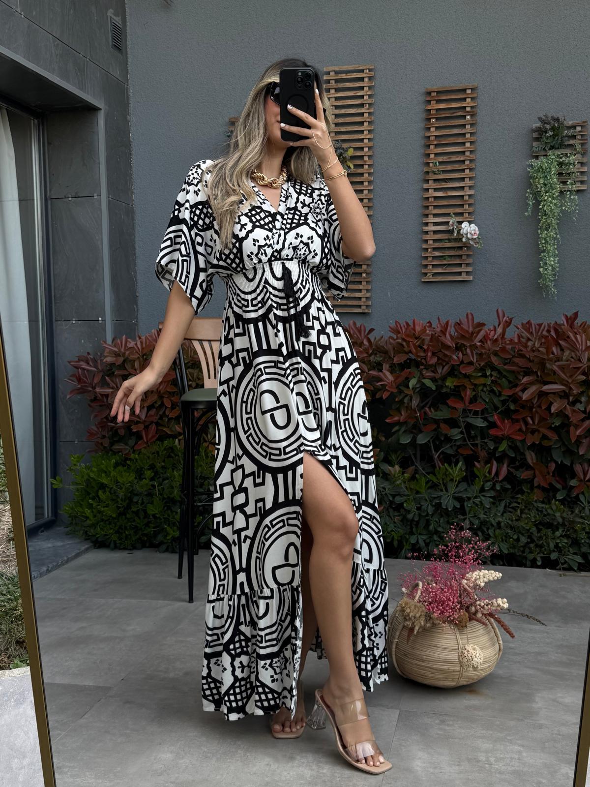 Verty Desen Bağcıklı Elbise Siyah070621138