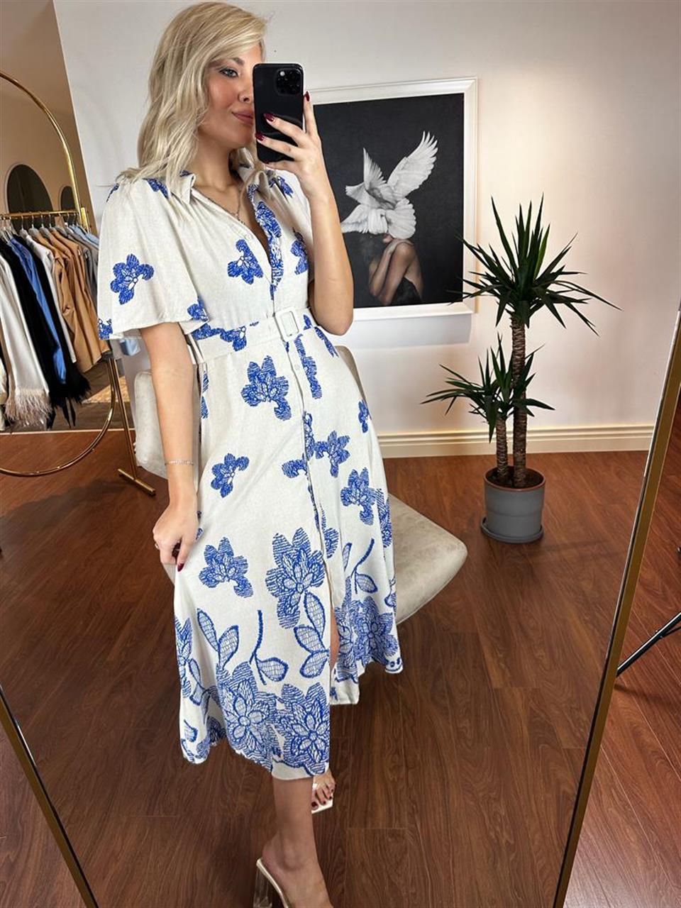 vonia volan kol keten elbise mavi desen 0804119