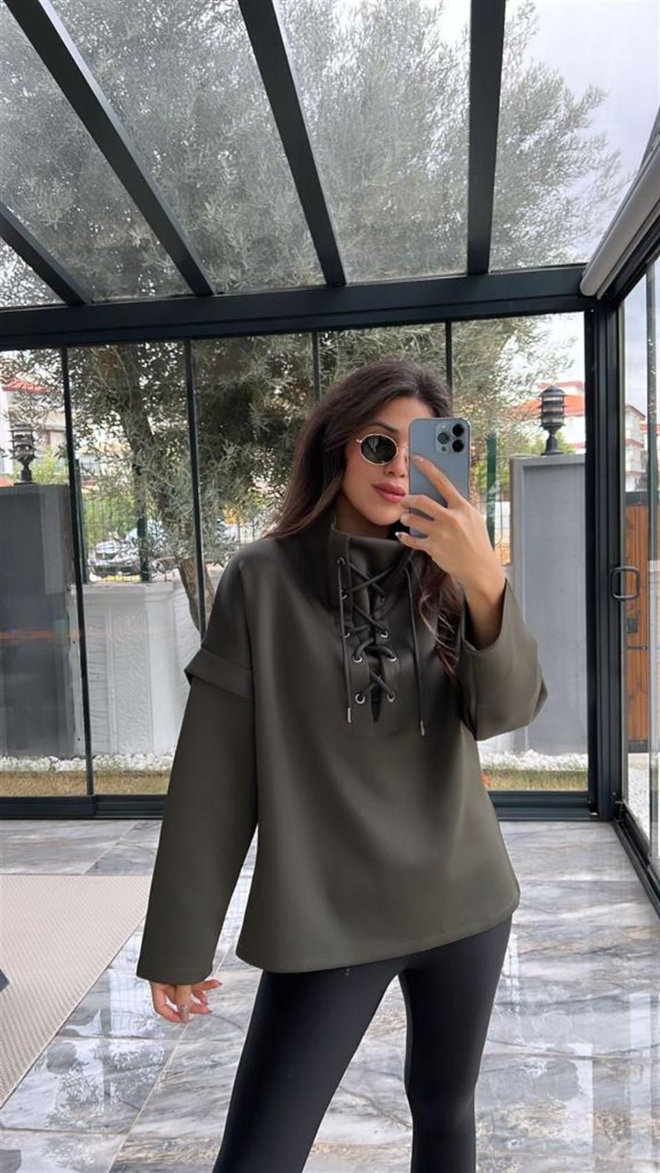 Yakası İpli Dik Yaka Organik Pamuk Haki Sweat