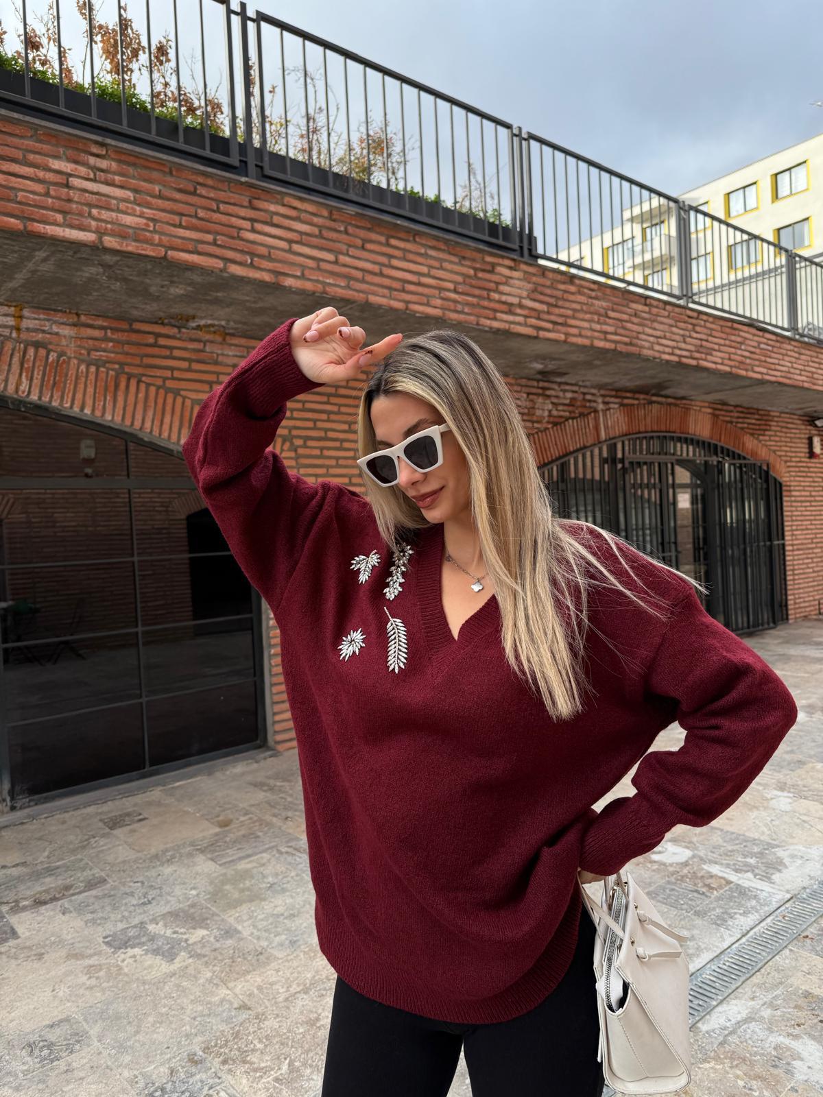 Yakası Taş İşleme V Yaka Bordo Triko kzk2062rvd