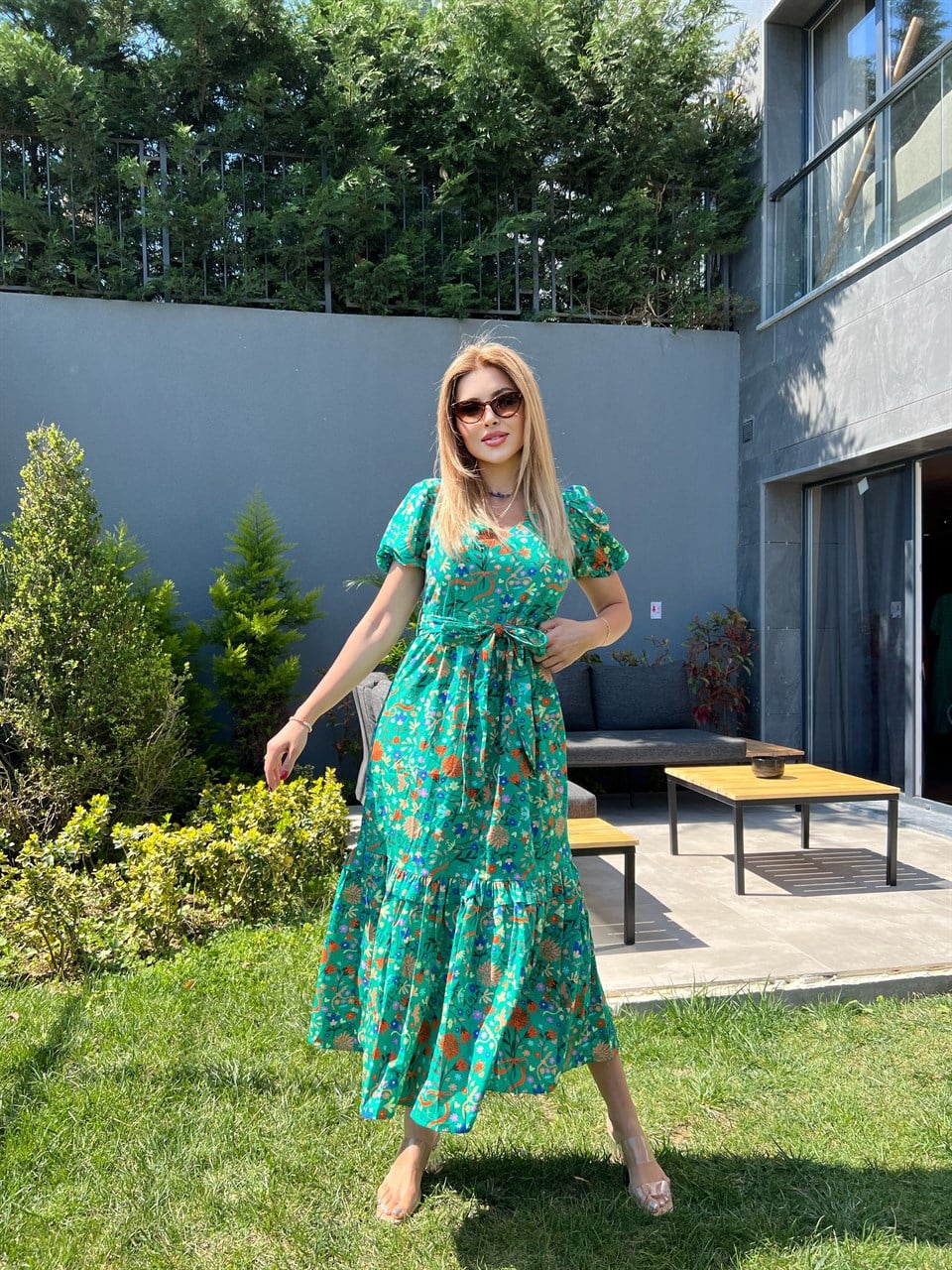 Yeşil Çiçekli Poplin Elbise