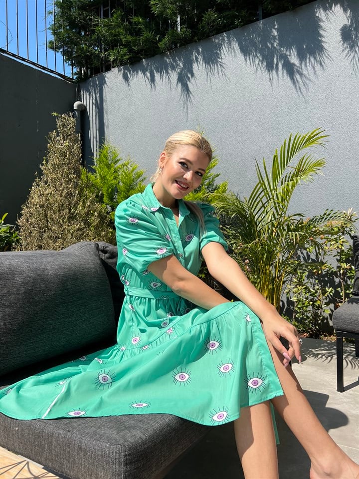 Yeşil Göz Figürlü Poplin Elbise