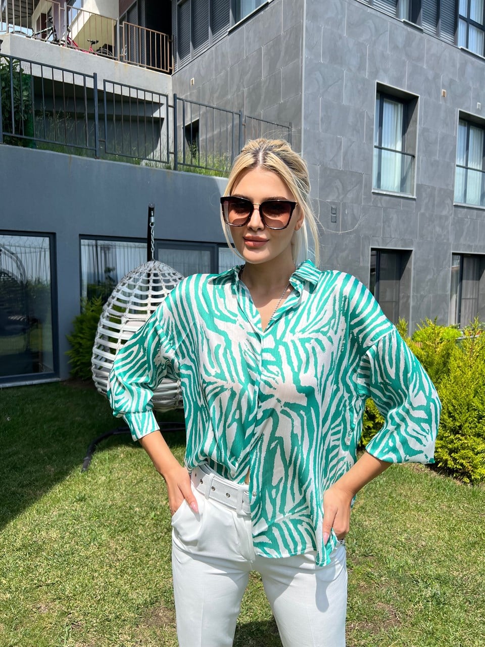 Yeşil Zebra Desen Saten Gömlek