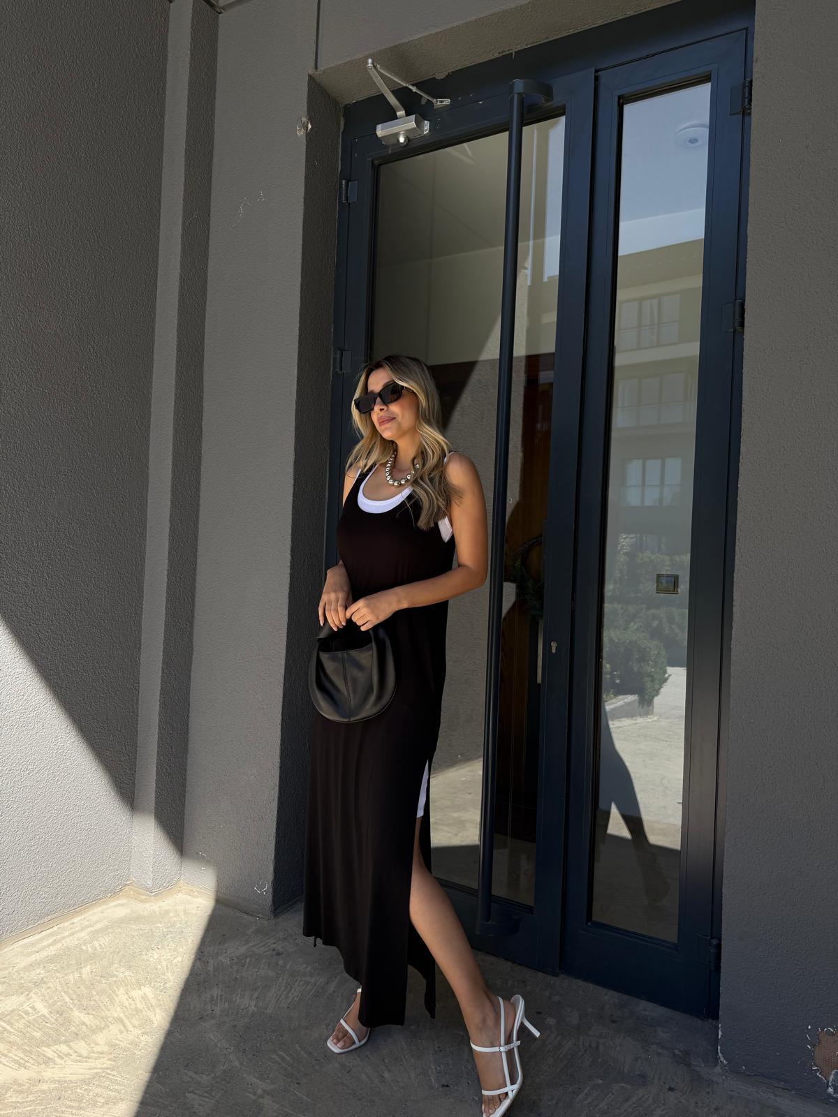 Yırtmaç Detaylı Viskon Kumaş Maxi Boy Cepli İç Dahil İkili Elbiseyelb2055bkt