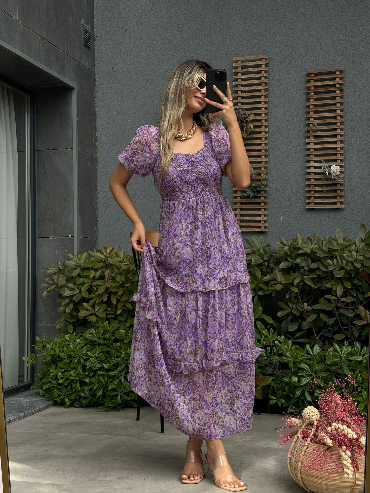 Yoryo Şifon Lila Çiçekli Elbise 07062116